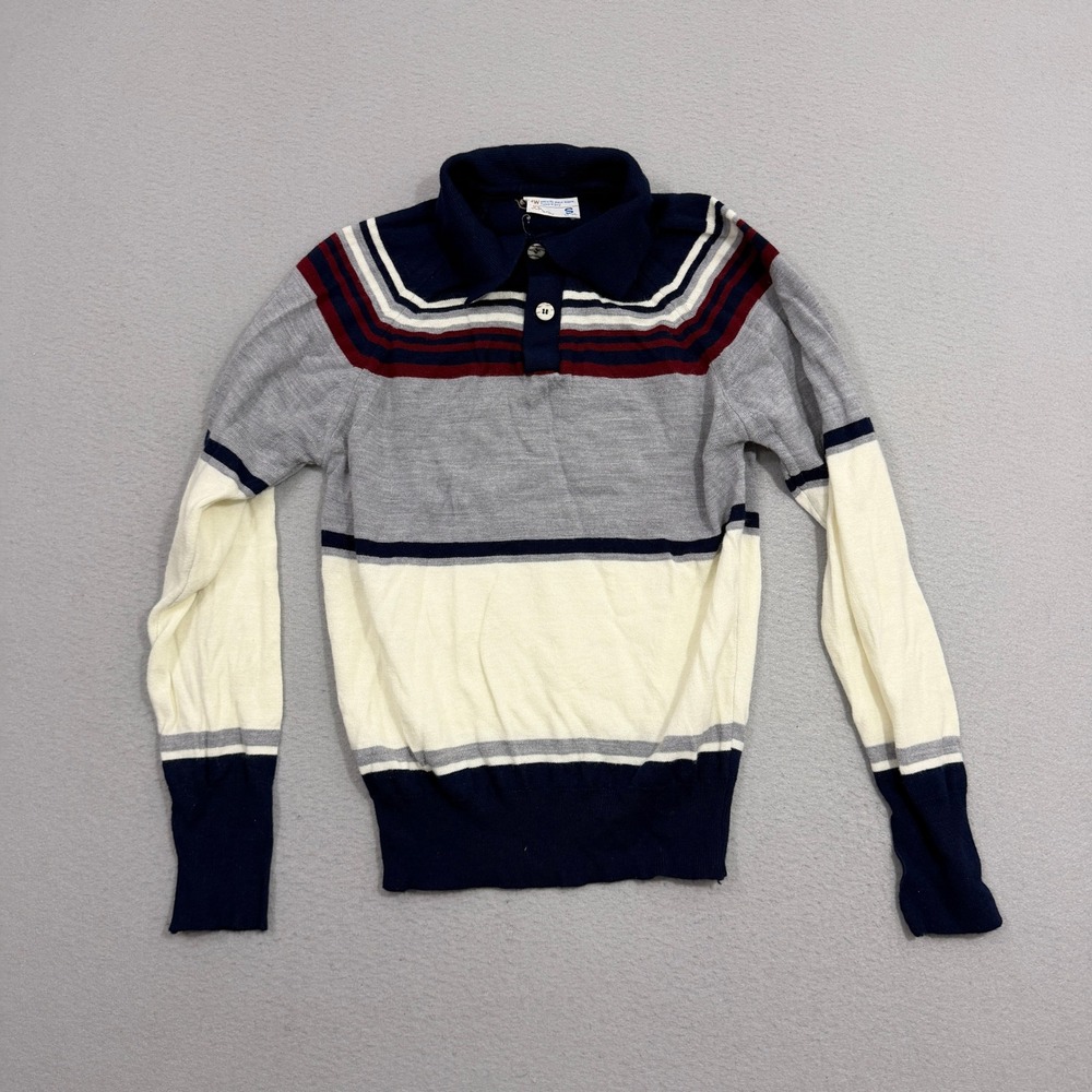 JCPenney Sweater Mens Small Blue Colorblock Vintage 70s Polo Collar Long Sleeve